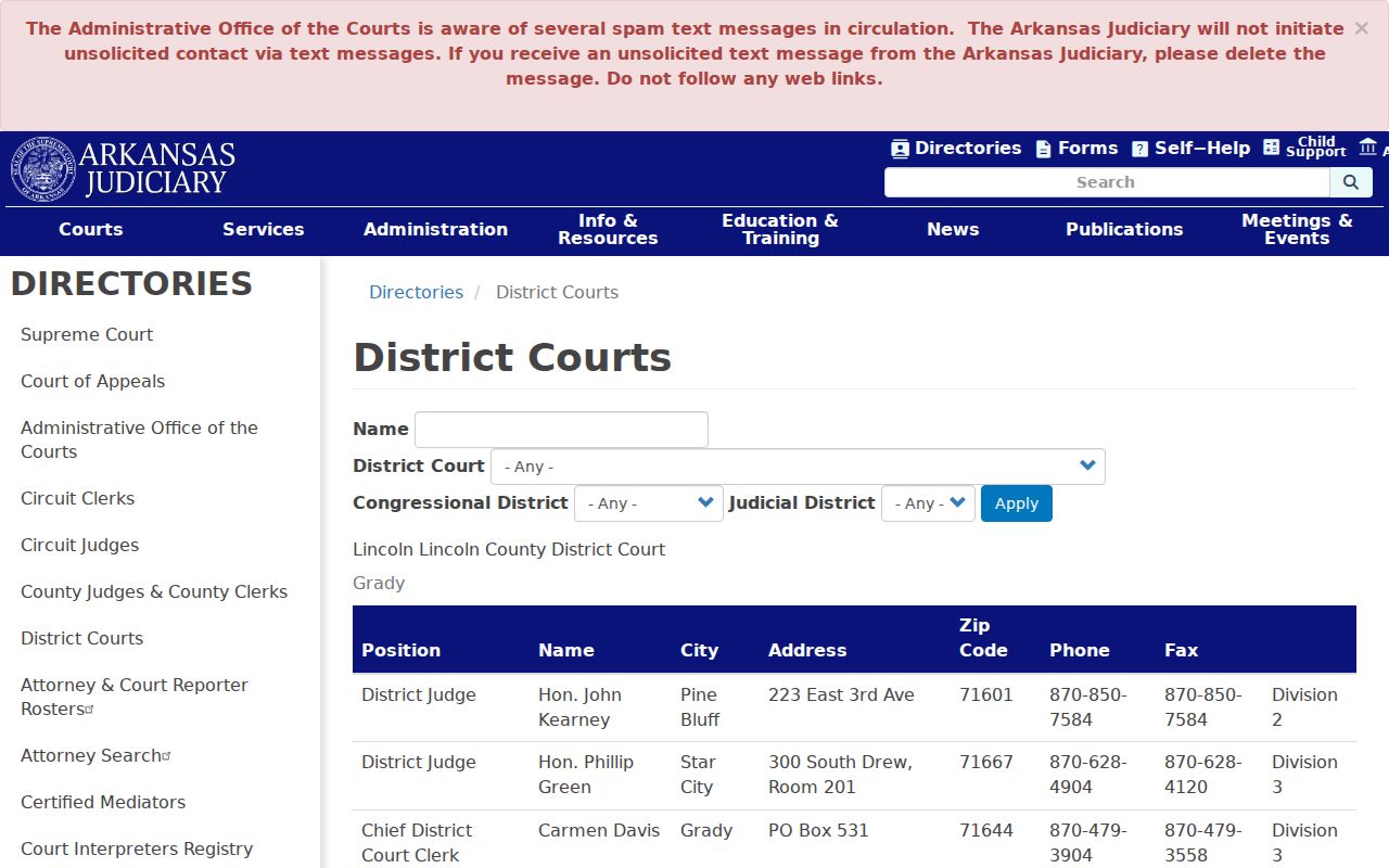 Arkansas Judiciary directory for Little River County District Court departments