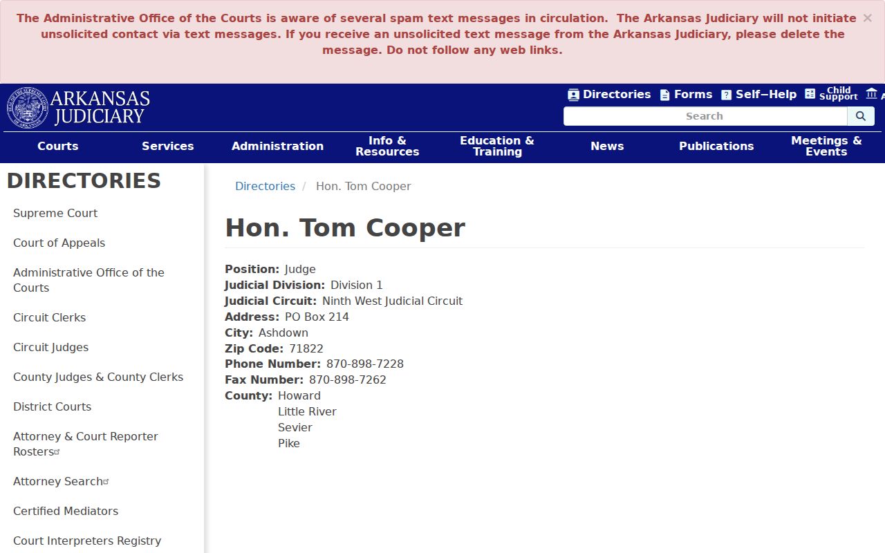 Arkansas Judiciary profile for Ninth West Circuit Judge Tom Cooper